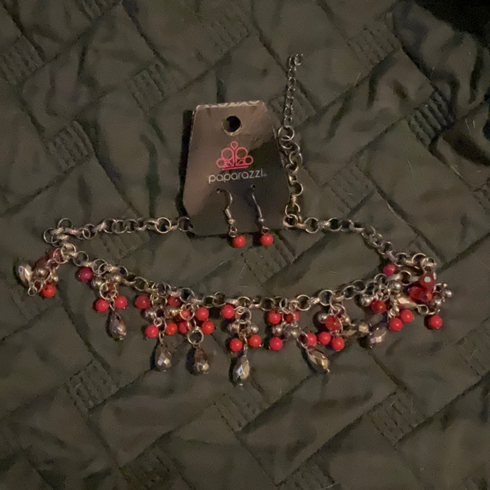 Red/silver paparazzi necklace and earrings set